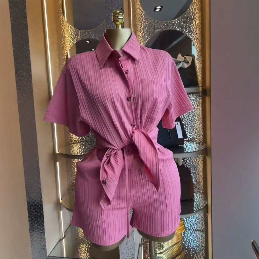 European and american cross-border women's fashion  summer new arrival: elegant sweet loose pink short-sleeve shirt and high-waisted shorts set