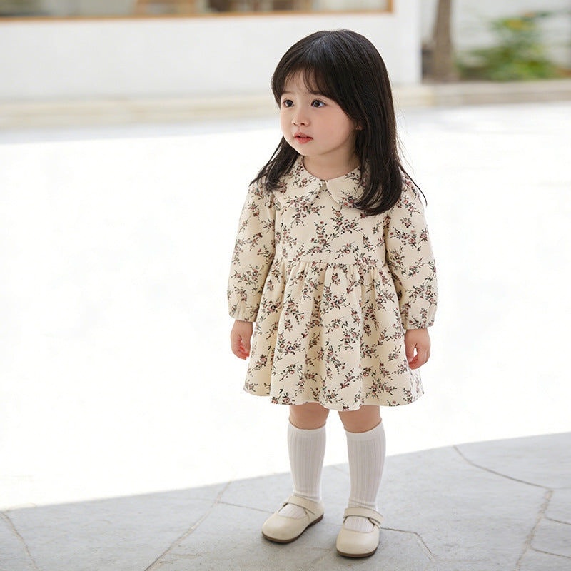 Girls' spring dress: new floral print ruffle collar princess dress for baby girls, spring and autumn little girl's skirt, children's clothing