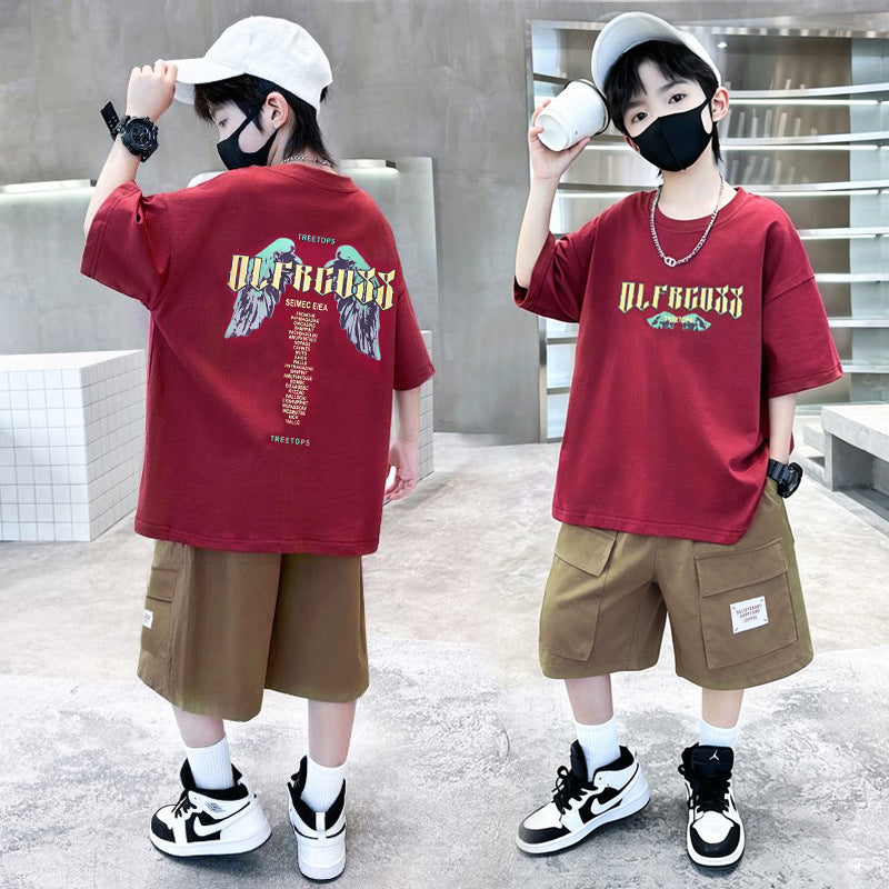 Boys' summer  new korean style fashionable two-piece set: trendy letter print casual outfit for older boys