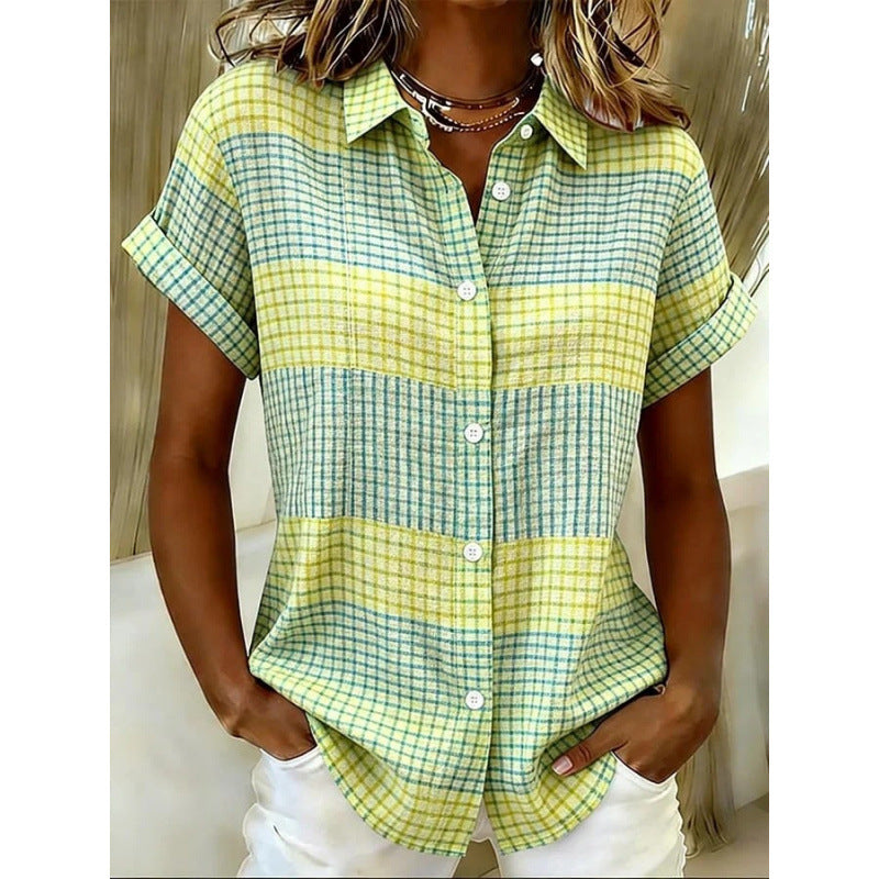 Amazon plaid shirt collar short sleeve shirt women's  summer new casual slim fit everyday top
