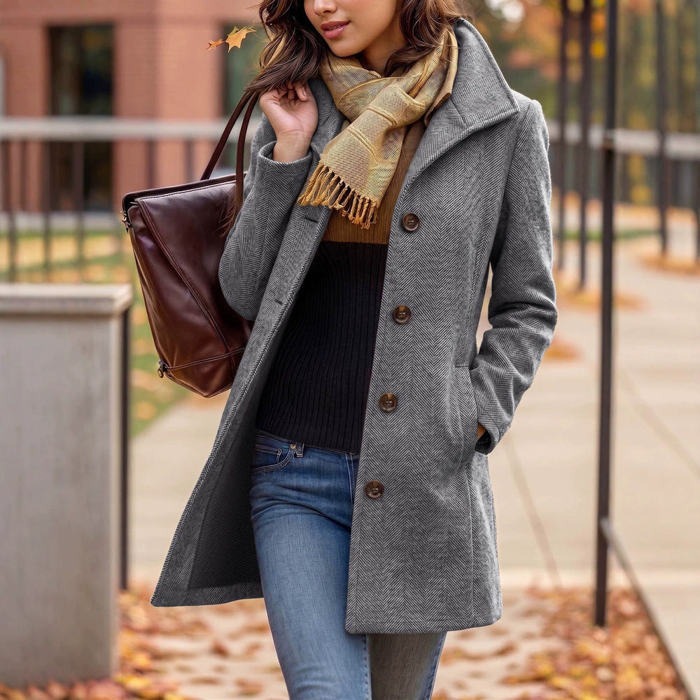 Fashionfall and winter style women's outwear herringbone pattern large lapel single breasted flap pocket pants design slimming lookwoolen coat supply
