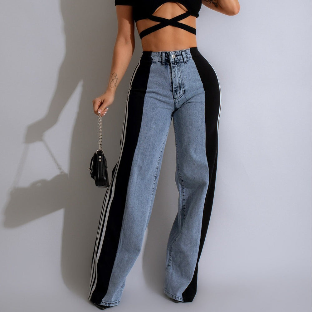 new european and american style fashion denim patchwork three-stripe wide-leg jeans casual stretch straight-leg trousers