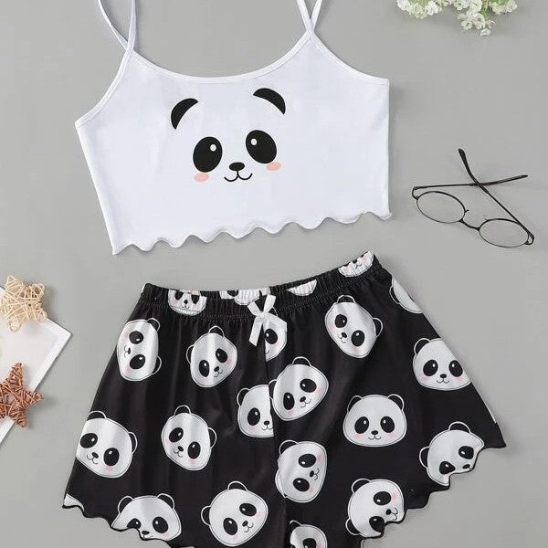 exclusive knitted tank top and camisole set with various pattern prints, comfortable and lightweight women's loungewear pajama set with shorts
