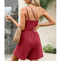 women's fashion solid color ruched sleeveless one-shoulder romper - in stock