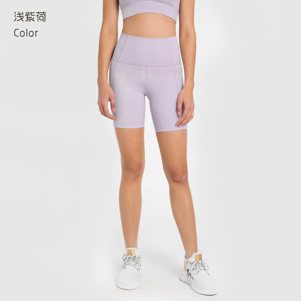 New women's high-waisted workout shorts with side pockets - four-way stretch, tummy control, and butt-lifting design - perfect for fitness and yoga (model dk178)