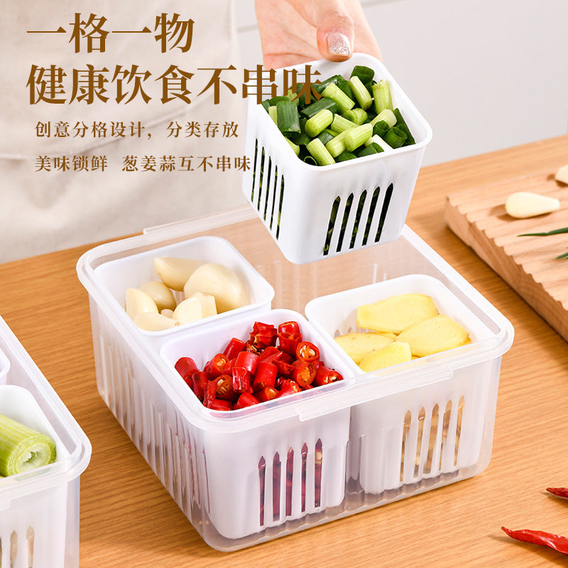 Lecheng chopped green onion box, four-part green onion fresh-keeping box, green onion, ginger and garlic compartment storage box, refrigerator food refrigeration fresh-keeping box