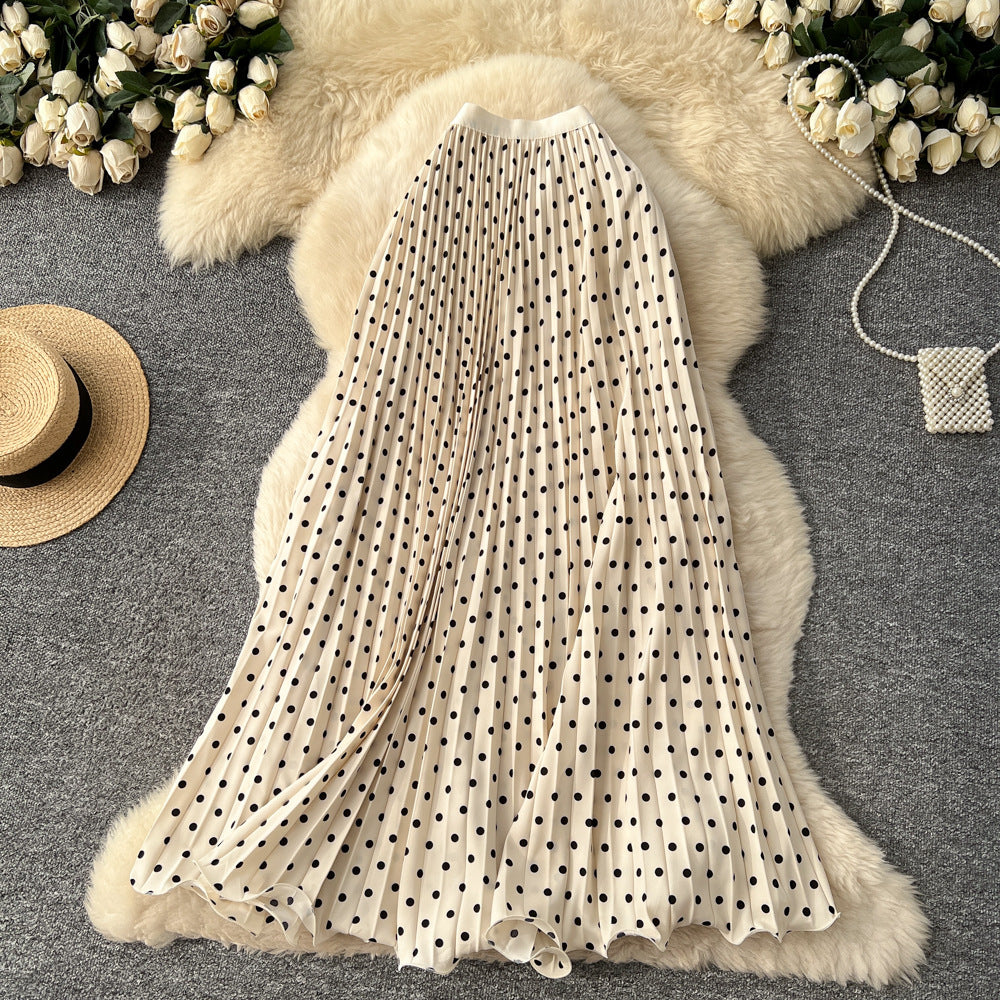 K-style polka dot pleated elegance skirt women's high waistslimming looka-line long skirtwork clothingeasiest for matchpatchworkelegant skirt