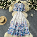 Frenchclassy sense cut out water-soluble laceprintingdress women's slimming look elegant round neck short-sleeved mid-length skirt