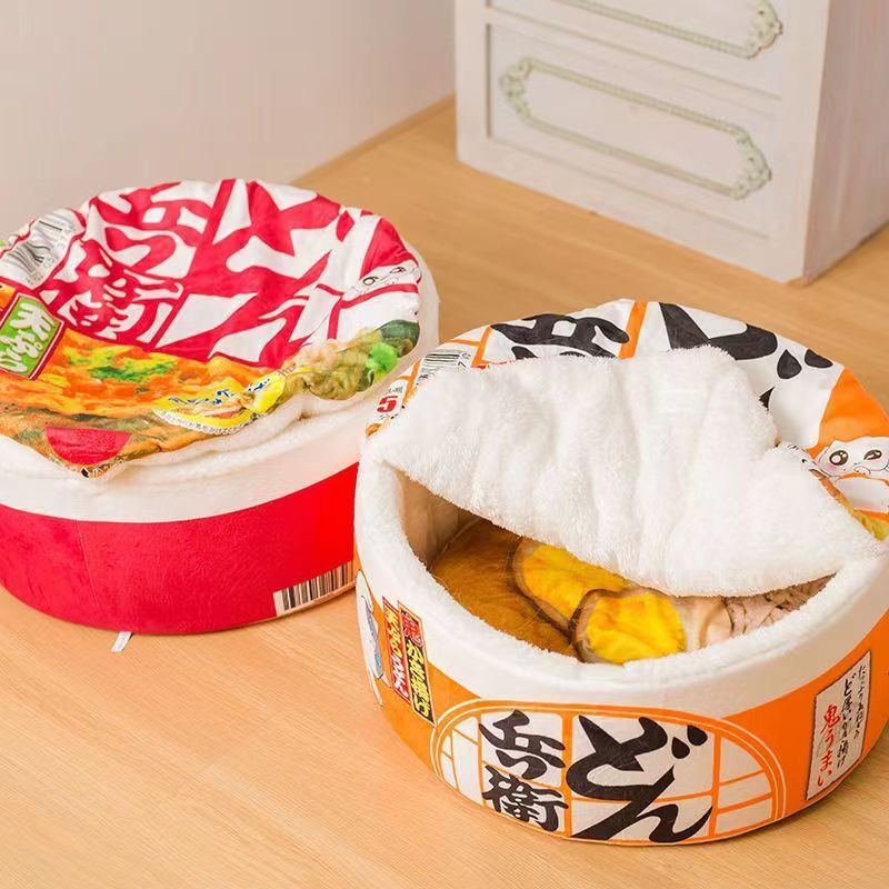 Influencer-approved instant noodle cat bed - enclosed, warm, plush cat/dog bed - japanese style, fleece-lined, removable & washable cat house supplies