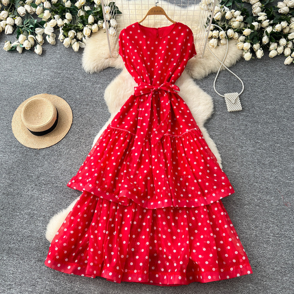 French polka dot round neck sleeveless dress women's red high waist slimming a-line dress elegant commute maxi dress