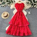 French polka dot round neck sleeveless dress women's red high waist slimming a-line dress elegant commute maxi dress