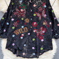 3d embroidered hotfix rhinestone lapel long sleeve shirt - women's  spring new fashion, loose fit, slimming, playful top