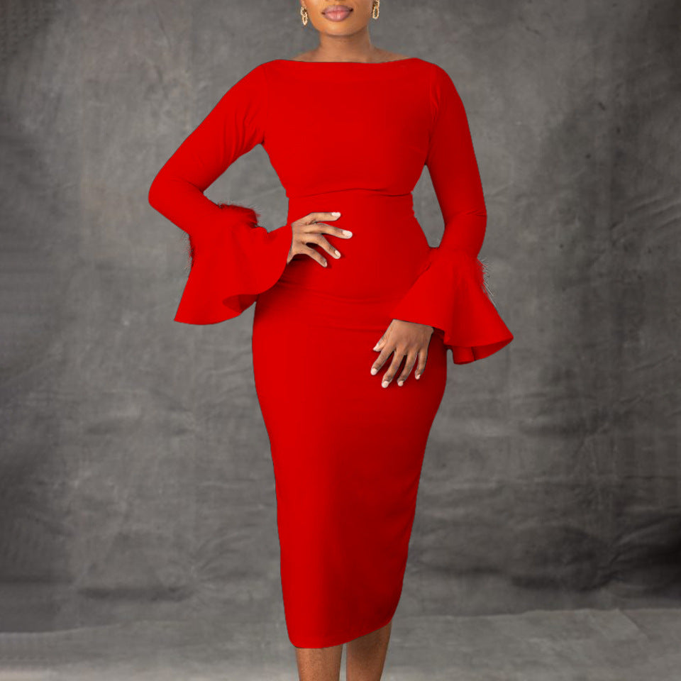 D3258 independent station export women's clothing  winter new arrival fashion solid color bodycon flared sleeve ol african dress