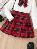 autumn cross-border girls' preppy bow top + plaid a-line skirt two-piece set