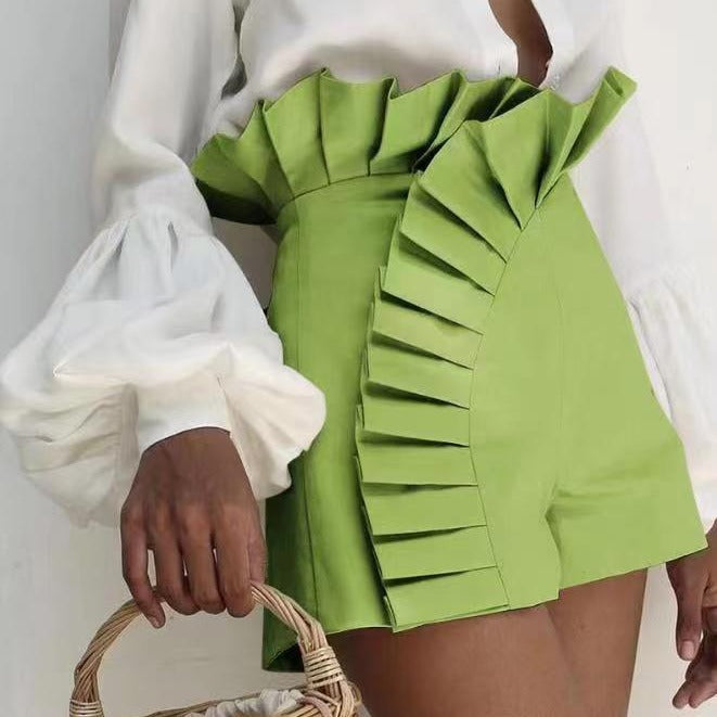 fashion new european and american style women's solid color pleated lace design high waist casual shorts