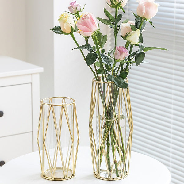 Nordic ins feng shui culture light luxury dining table transparent wrought iron metal glass gold small vase living room flower arrangement