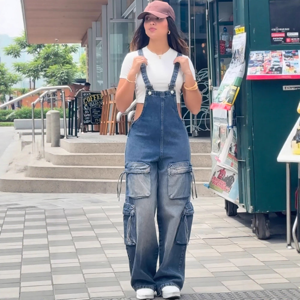 European and american style women's casual straight-leg denim overalls -  cross-border women's streetwear multi-pocket denim jumpsuit