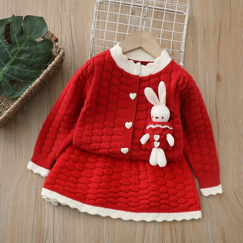 Girls' knit sweater set - new  collection: cardigan & skirt outfit with oversized collar