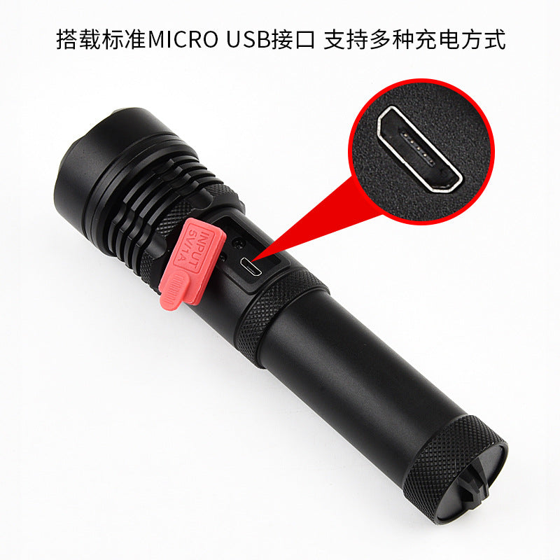 Cross-border new zoom P50 strong light flashlight built-in lithium battery USB charging power display telescopic zoom flashlight