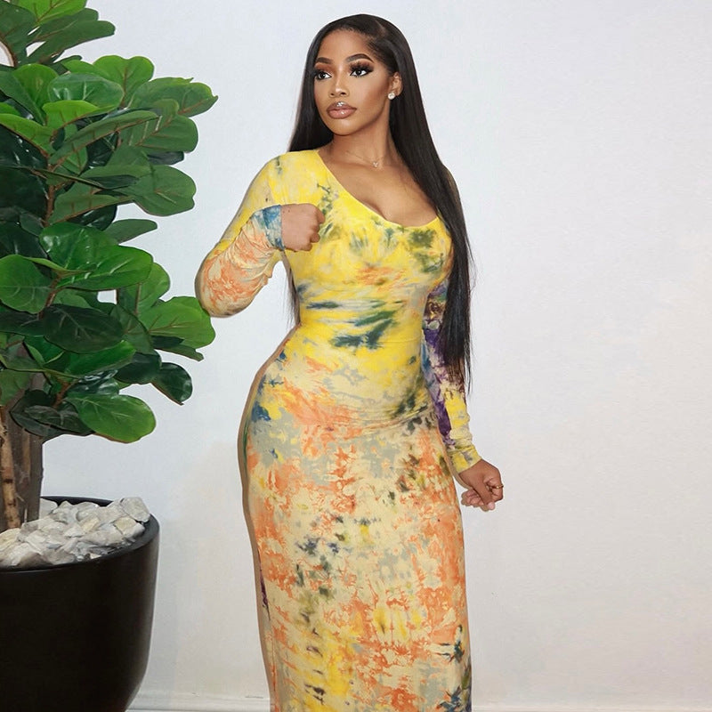 European and american style cross-border printed women's bodycon retro chic bodycon dress - round neck, long sleeve, cinched waist, trendy bestseller