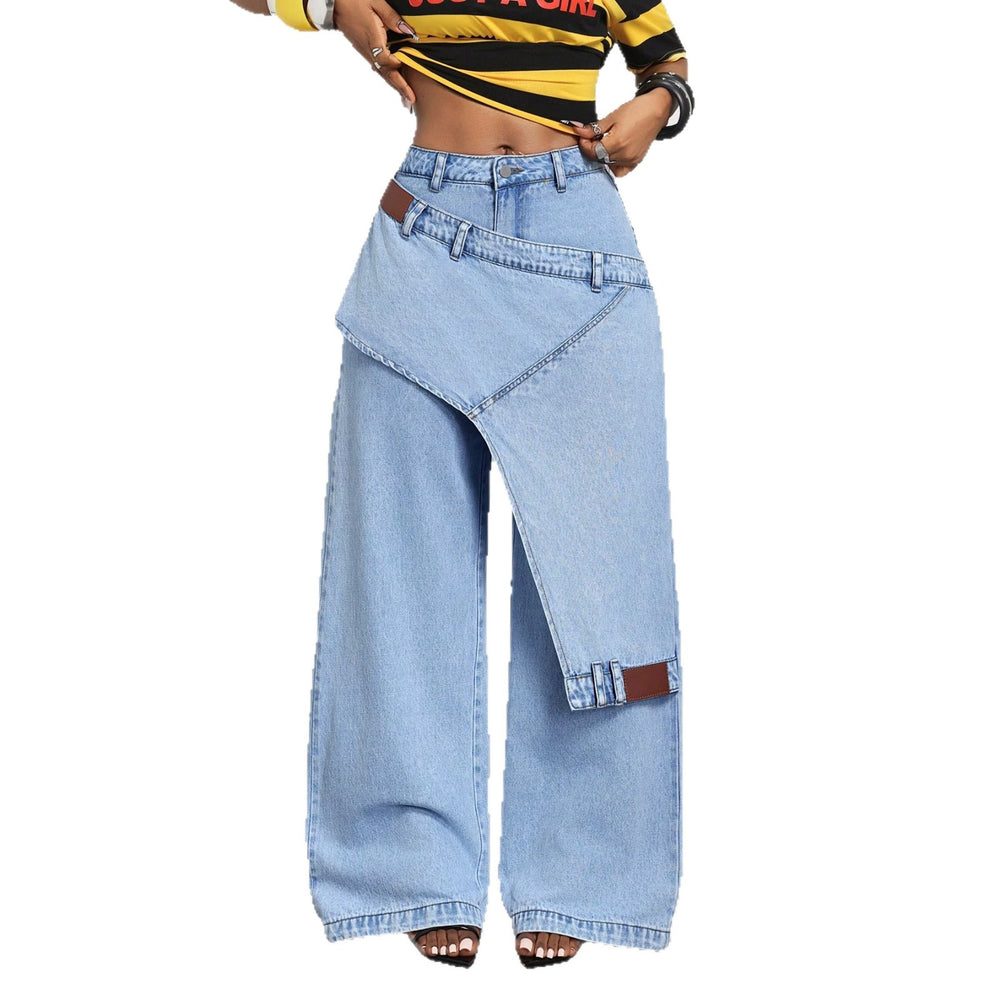 Fashionjeans women's light blue washed stylishfake two-piece loose pants patchwork street loosemop denim pants