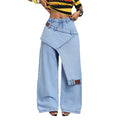 Fashionjeans women's light blue washed stylishfake two-piece loose pants patchwork street loosemop denim pants