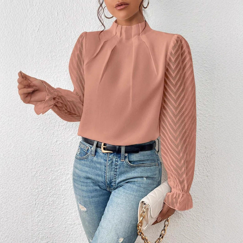european and american cross-border women's fashion: new autumn/winter half-high neck, wavy pattern chiffon long sleeve top