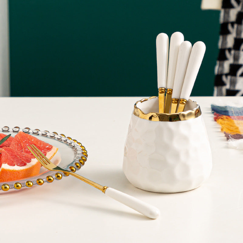 Simple fruit fork spoon ceramic storage jar stainless steel high-looking ceramic handle fruit fork household set wholesale