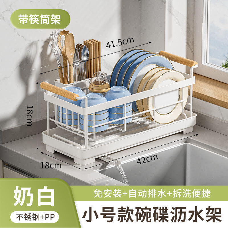 Stainless steel bowl rack, kitchen rack, countertop, household single-layer drain tray rack, large-capacity tableware and dish storage rack