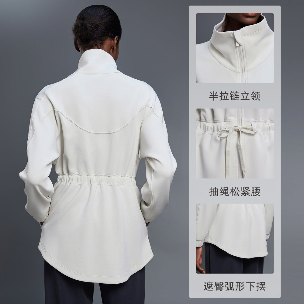 Air layer stand collar mid-length outwear women's drawstring waist jacket casualwork clothing sports windbreaker autumd25137