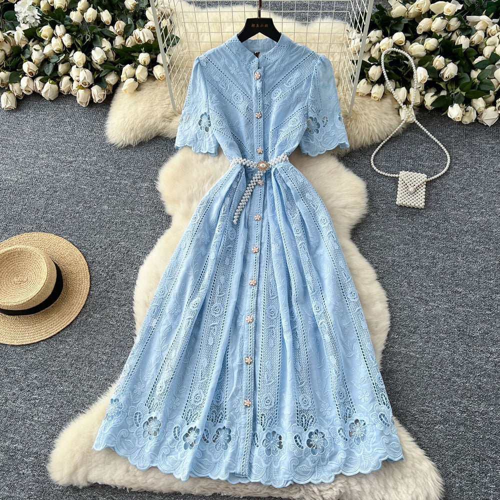 summer women's dress: unique, high-end, cutout embroidery, single-breasted, cinched waist, elegant knee-length maxi dress