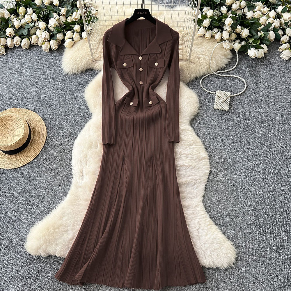 Xiaoxiangfengclassyfashionable doll collar long sleeves metal buckle waist knittingdress female autumslimming look long skirt