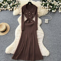Xiaoxiangfengclassyfashionable doll collar long sleeves metal buckle waist knittingdress female autumslimming look long skirt