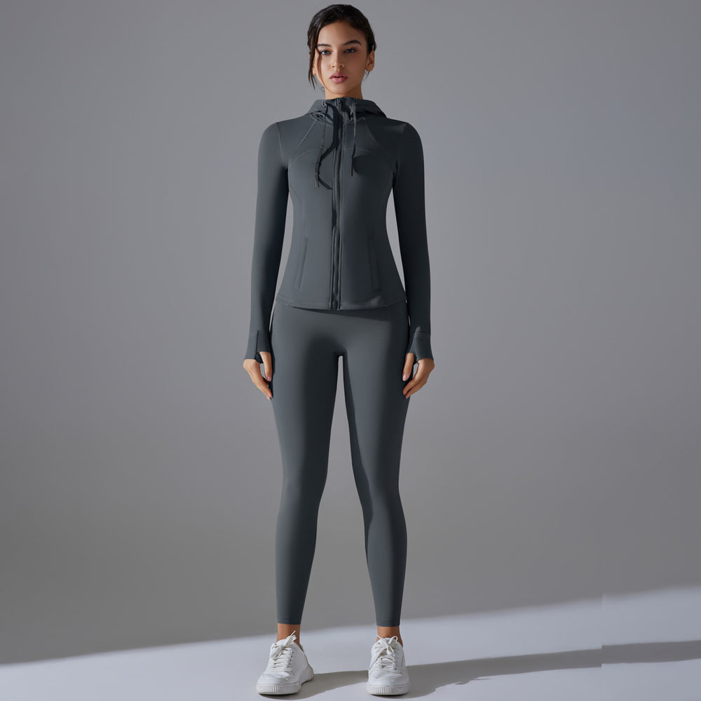 New outdoor running two-piece set: solid color quick-dry yoga outfit with hooded zip-up jacket and long-sleeve fitness set