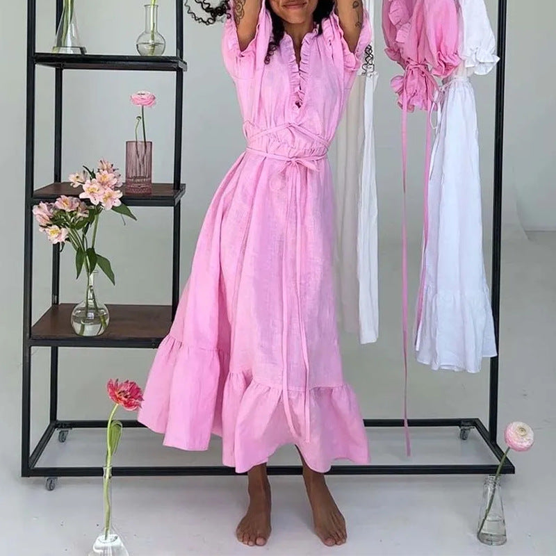 European and american style women's foreign trade dresses - summer women's dresses, fashionable casual versatile solid color v-neck waist-cinching maxi dress