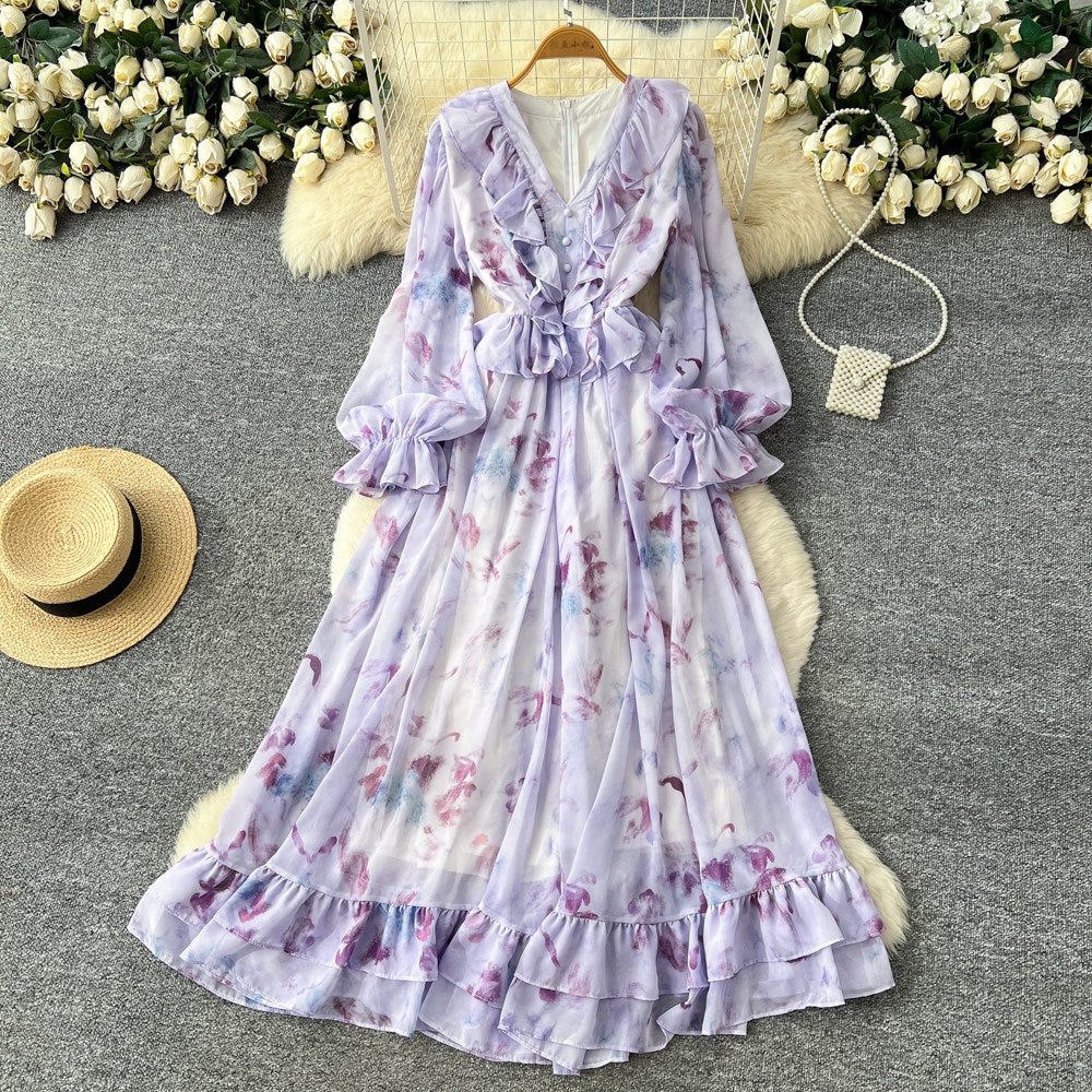 Romantic v-neck lantern sleeve printed dress - women's summer slimming mesh ruffle maxi dress