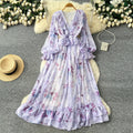 Romantic v-neck lantern sleeve printed dress - women's summer slimming mesh ruffle maxi dress
