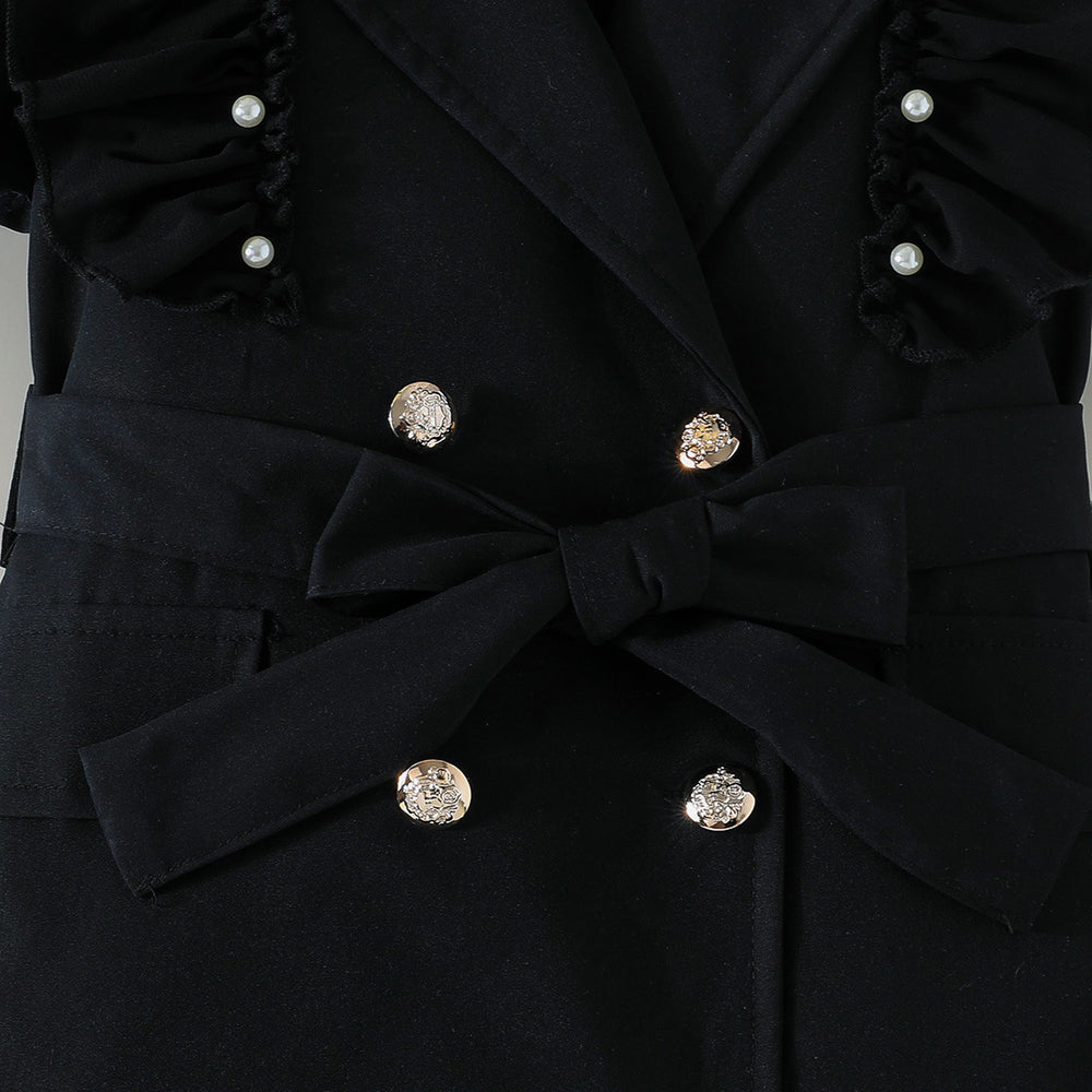 new girls' blazer collar ruffle trim dress - summer black double-breasted tie-waist dress