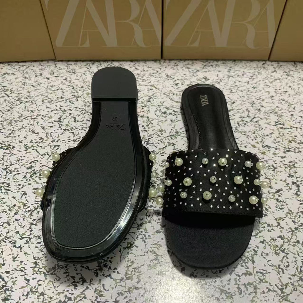 Za's 2025 new women's shoes - direct export, new metal stud flat sandals, square toe women's shoes, versatile style