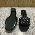 Za's 2025 new women's shoes - direct export, new metal stud flat sandals, square toe women's shoes, versatile style