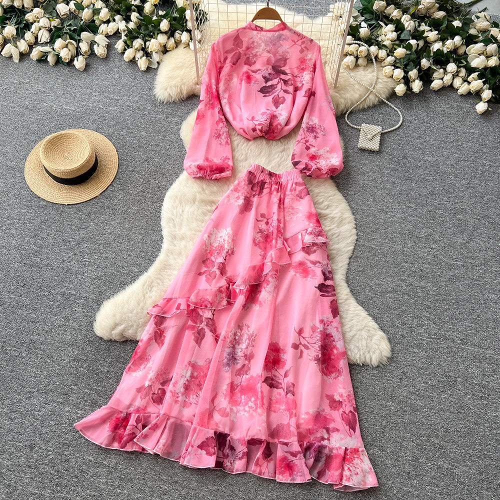 French print slim-fit two-piece set for women - autumn ruffle hem a-line skirt, commute-ready, elegant vacation style outfit