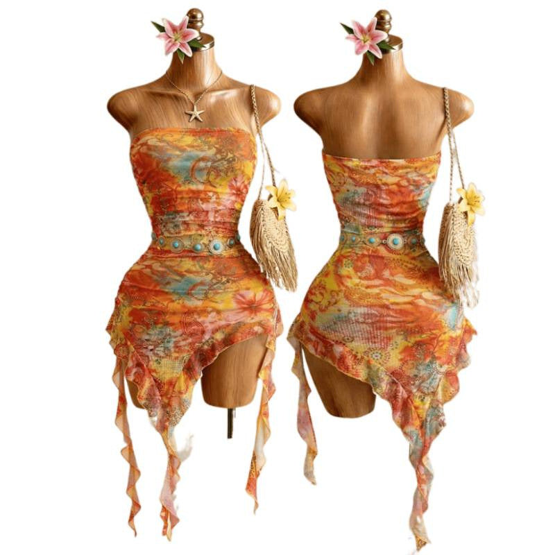 Women's summer vacation sexy printed ruffle asymmetrical hem mini dress (waist chain and accessories not included)