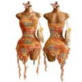 Women's summer vacation sexy printed ruffle asymmetrical hem mini dress (waist chain and accessories not included)