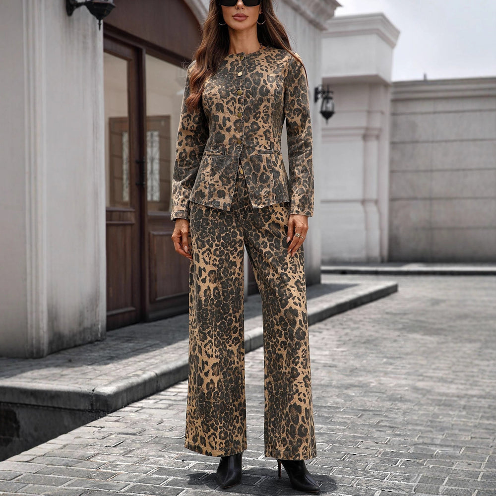 Fashion cross-border foreign trade  independent station new arrival washed leopard print fashionelegance denim long-sleeved topssuit