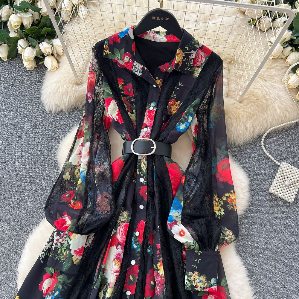 French dress  new arrivalfashioneleganceretro lapel long sleeves waist lacepatchworkprintinglong skirt