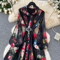 French dress  new arrivalfashioneleganceretro lapel long sleeves waist lacepatchworkprintinglong skirt