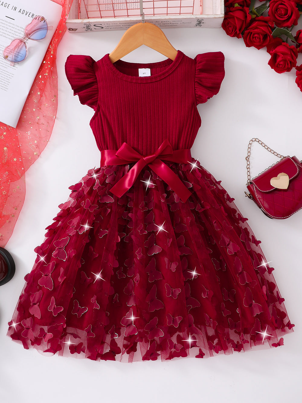 Girls' dress for toddlers and young children, corset-style dress with 3d butterfly flutter sleeves