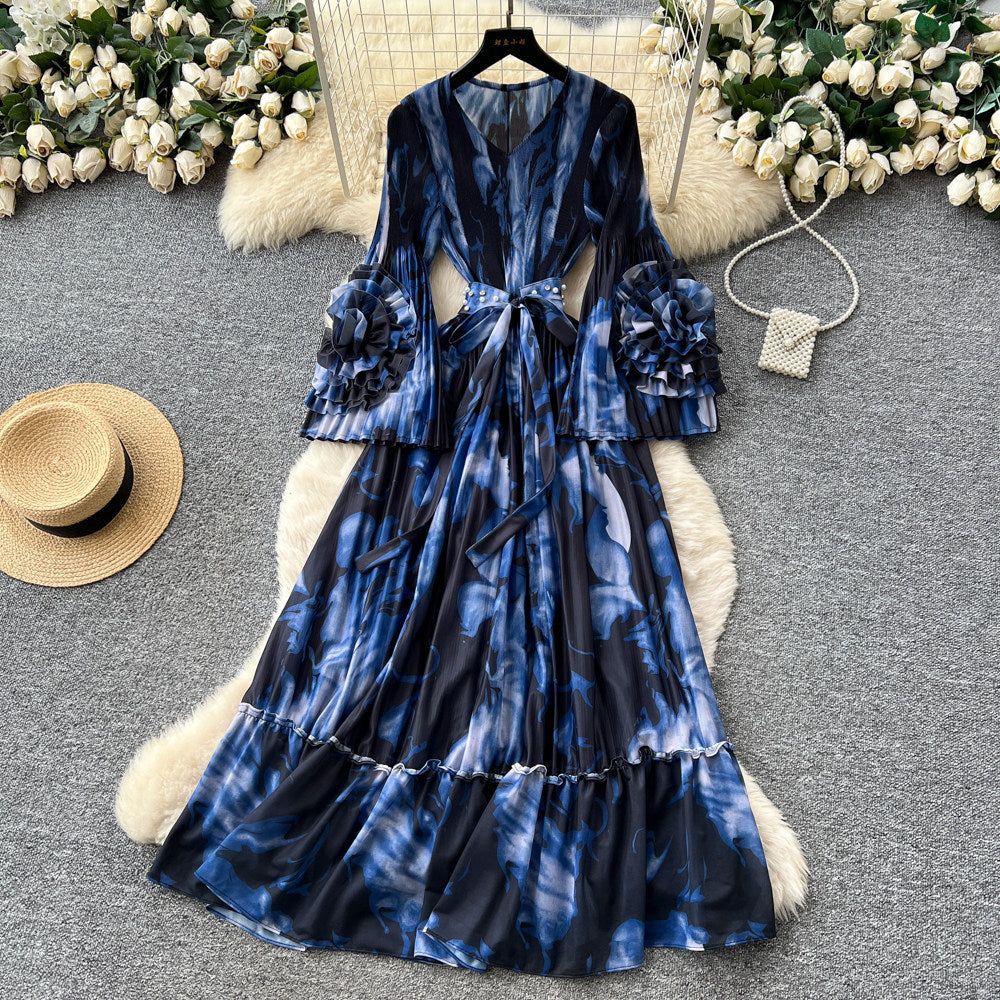 French printing women's long sleevesstereo flower v neck waist dress slimming look holiday style long skirtelegant