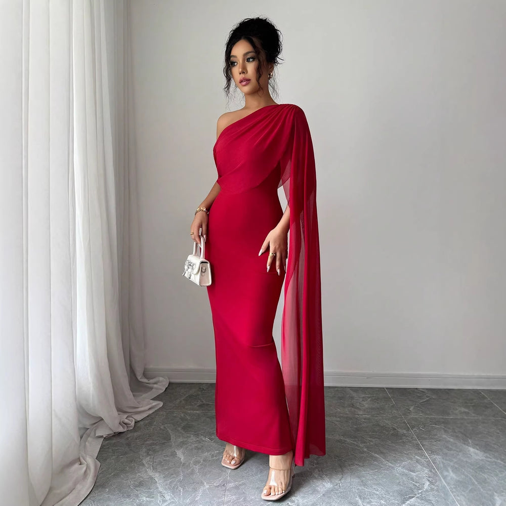 Amazon cross-border women's fashion: european and american style one-shoulder evening gown, long dress with cape sleeves, slim-fit bodycon, slit hem, socialite dress