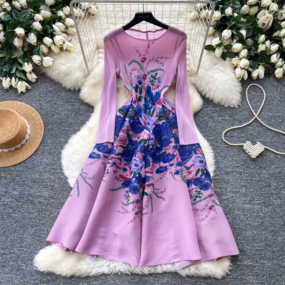 French romantic style printed stretch dress - women's summer long sleeve slim fit a-line dress - high-end commute dress